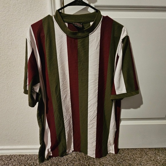 Die Legend Other - Men's Striped T Shirt Olive Burgundy White Size L